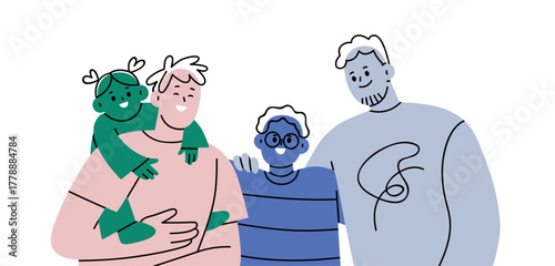 Happy gay family with two fathers hugging children. Homosexual LGBT parents, dads and kids, boy and girl, together, abstract people portrait. Flat vector illustration isolated on white background