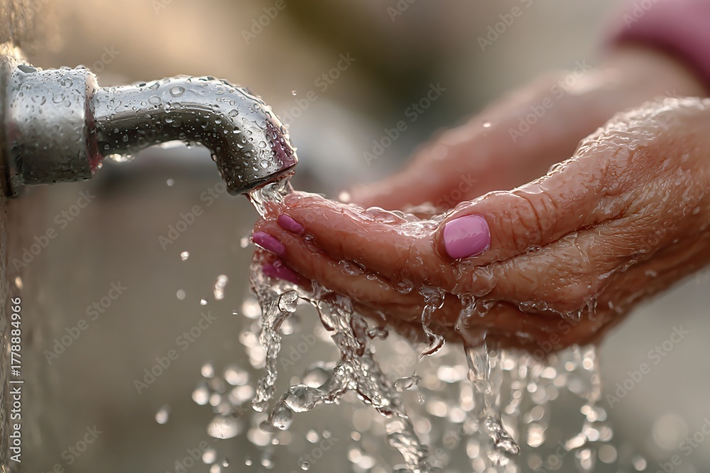 Fototapeta premium Cupped hands catching fresh, flowing water from a faucet, symbolizing purity and hydration.