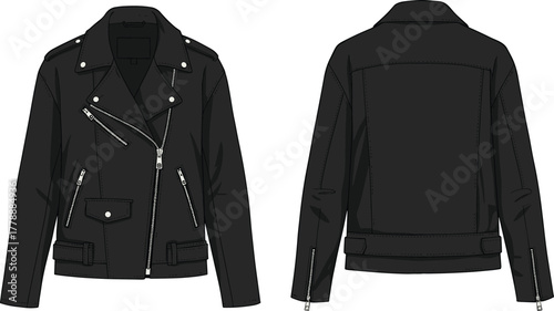 Black leather biker jacket front and back view, stylish motorcycle fashion jacket with zipper pockets and metal detailing illustration