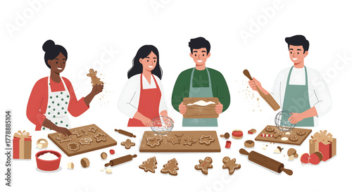 Four diverse people baking and decorating gingerbread cookies together on a table with rolling pins and holiday treats on a white background.