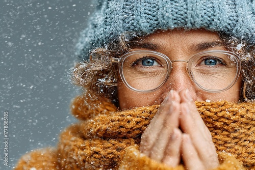 Close-up portrait of a woman in winter, bundled in warm knitted clothes, snow falling around her