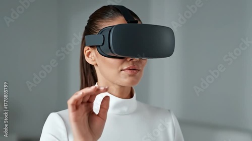 A woman wearing a VR headset gestures towards the viewer, hands in focus