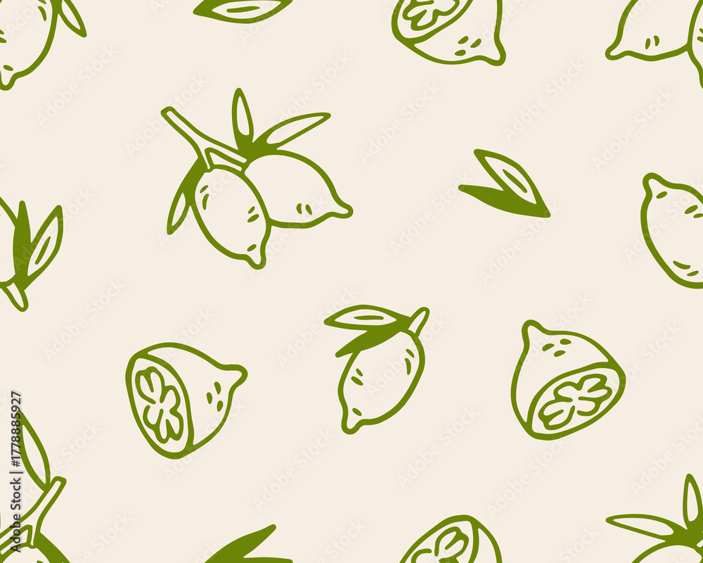 Fototapeta premium Seamless lemon pattern. Citrus fruits, leaves in hand-drawn outline doodle style. Tropical food, limes, endless texture design for summer wrapping paper, textile, fabric. Vector illustration