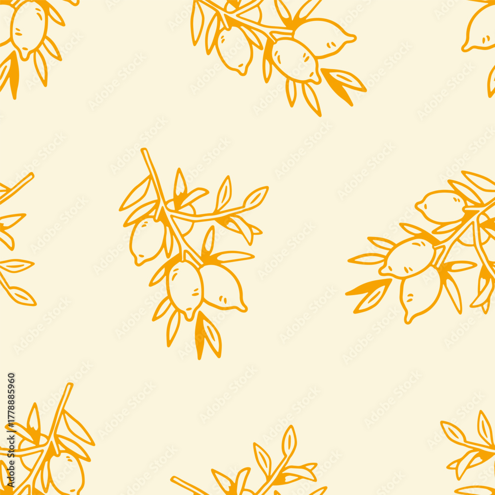 Fototapeta premium Lemon branches, seamless pattern. Limon, citrus fruits, endless background, repeating print, summer tropical food texture design. Hand-drawn vector illustration for wrapping, textile, fabric