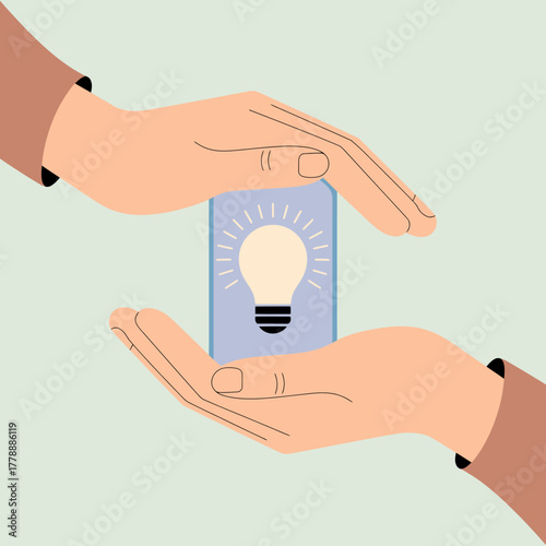 A metaphorical illustration of hands gently cradling a glowing light bulb, symbolizing the nurturing of ideas and inspiration in a visually appealing and modern manner.