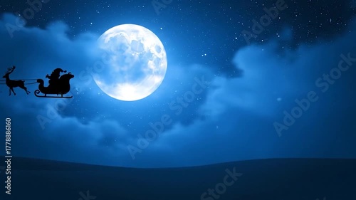 Silhouette of Santa and reindeer flying in the night sky with a full moon