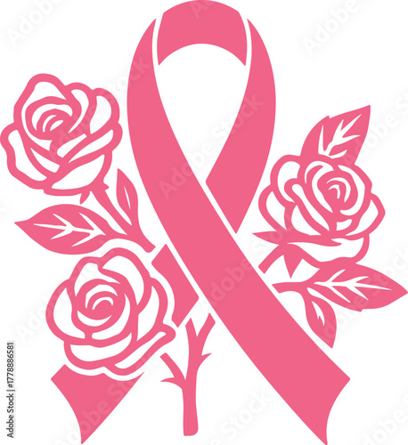 Pink Ribbon with Roses Breast Cancer Awareness Symbol Floral Support Hope Ribbon Illustration 