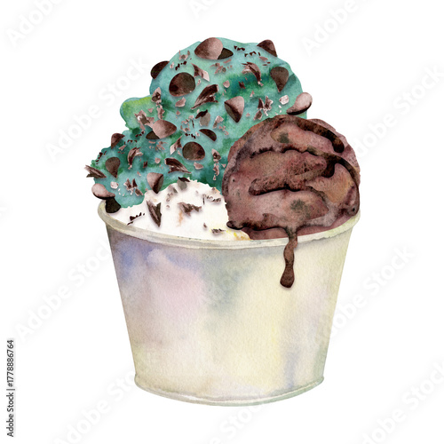 Mint gelato with dark chocolate bits, chips and syrup drizzle served in plastic or paper cup. Isolated illustration composition hand drawn in watercolor. Recipe card, dessert menu, print design.
