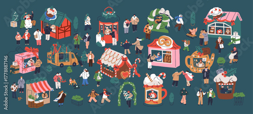 Christmas fair, winter holiday market, festival with Xmas stalls, happy merry tiny people walking. Festive booths, stands, kiosks at New Year vacation bazaar. Flat isometric vector illustration