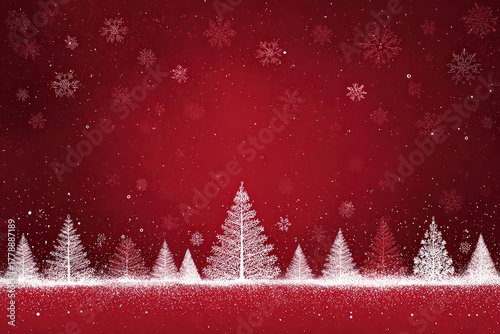 Festive Christmas Scene with Snowflakes and Snowy Trees on Red Background