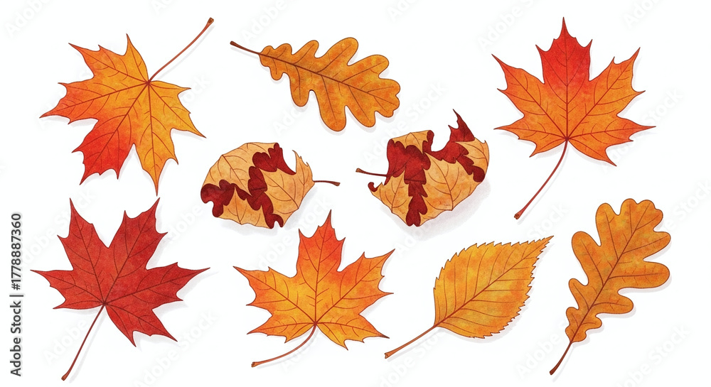 Fototapeta premium A vibrant collection of autumn leaves showcasing fall colors and textures