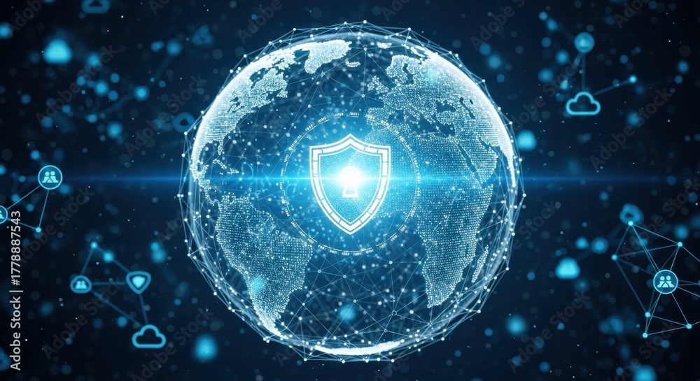 Obraz premium Global network security concept showcasing digital globe with shield symbol and connected nodes in modern design