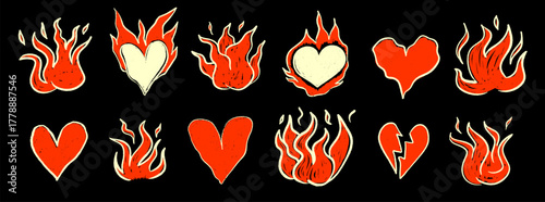 Set crayon fire and heart on black background. Punk scribble doodle collection with fire and heart crayon texture