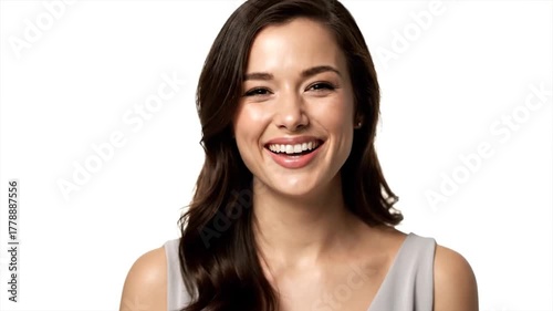 A woman smiles widely with perfect teeth, long dark hair, against a white background