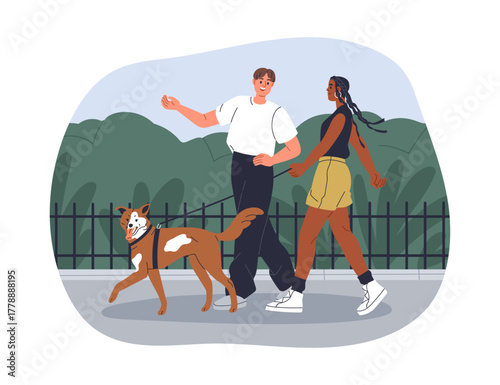 Love couple walking dog outdoors. Young man and woman strolling, leading puppy on leash. Happy people, pet owners and doggy in park, street. Flat vector illustration isolated on white background