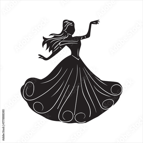 Silhouette of a woman in a large gown with puffed sleeves and swirl details on the bottom edge of dress