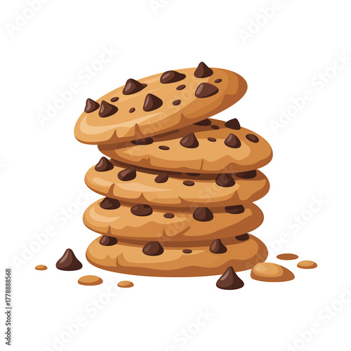 Delicious Chocolate Chip Cookies Stacked High on White Background Perfect for Food Blog or Baking Illustration Projects