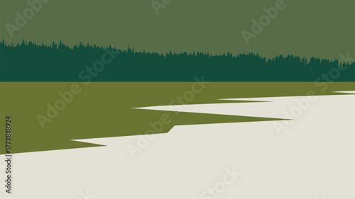 A minimalist landscape featuring a dark green forest line above a light green field and white ground area