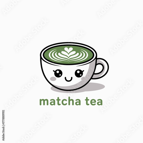 This charming illustration features a cute matcha tea cup with a smiling face, reflecting the joy and happiness associated with enjoying a comforting and flavorful drink.