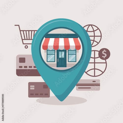 A graphic representation of a shopping pin icon combined with essential marketing elements, symbolizing convenience and the digital shopping experience in today's market.