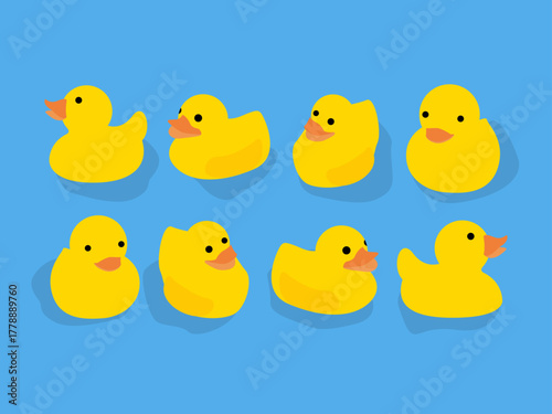 かわいいフラットな黄色アヒルアイコンセット | 様々な角度のベクターイラスト