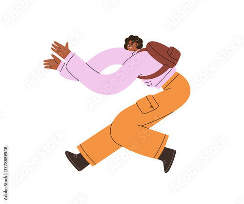 Young active person in funny energetic whimsical pose. Happy character with b...
