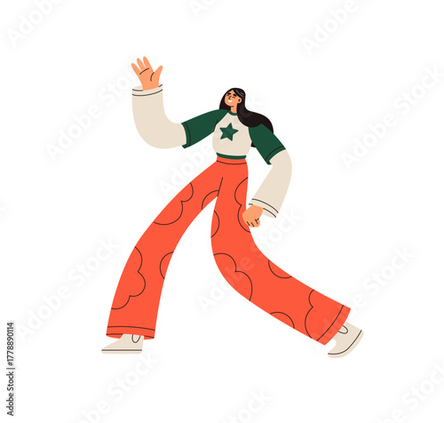 Happy woman walking, waving hand. Smiling female, greeting hi gesture with ar...