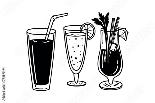 Three hand-drawn drinks with garnishes and straws