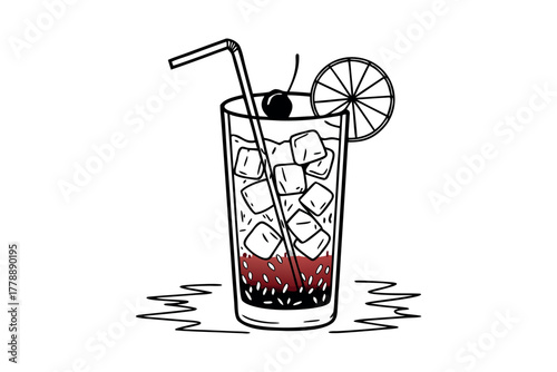 Tall glass with ice cubes and red beverage