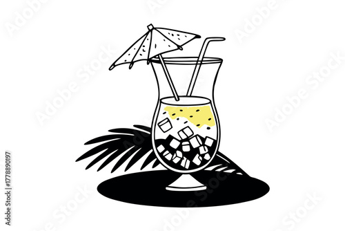 Tropical drink with ice and umbrella