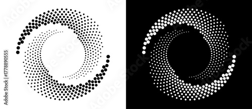Modern abstract background. Halftone dots in circle form. Round logo. Vector dotted frame. Design element or icon, logo. Black shape on a white background and the same white shape on the black side.