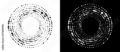 Modern abstract background. Halftone dots in circle form. Round logo. Vector dotted frame. Design element or icon, logo. Black shape on a white background and the same white shape on the black side.