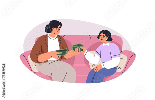 Mother giving pocket money to kid, child. Mom parent sharing banknotes, cash allowance with daughter, happy girl. Family and finance concept. Flat vector illustration isolated on white background