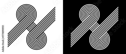 Spiral with lines as dynamic abstract vector background or logo or icon. Black spiral on white background and white spiral on black background.