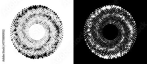 Modern abstract background. Halftone dots in circle form. Round logo. Vector dotted frame. Design element or icon, logo. Black shape on a white background and the same white shape on the black side.