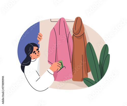 Kid stealing money from pocket at home. Child, pickpocket thief. Girl taking cash from coat. Criminal teen, robbery, sneaky fraud. theft. Flat vector illustration isolated on white background