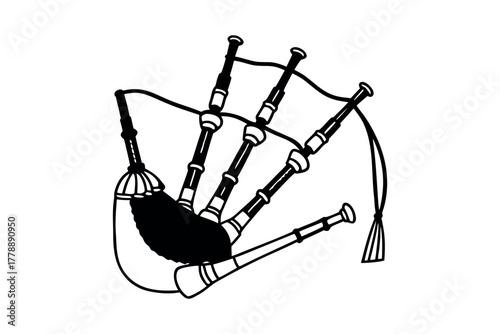 Black and white line art of bagpipes