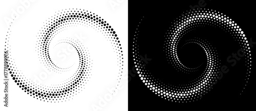 Modern abstract background. Halftone dots in circle form. Round logo. Vector dotted frame. Design element or icon, logo. Black shape on a white background and the same white shape on the black side.