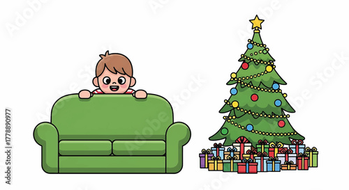 Cartoon illustration of a cheerful young boy peeking over a green couch next to a decorated Christmas tree with colorful presents on a white background.