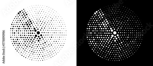 Modern abstract background. Halftone dots in circle form. Round logo. Vector dotted frame. Design element or icon, logo. Black shape on a white background and the same white shape on the black side.
