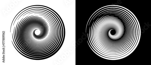 Abstract rotated lines in circle form as background. Design element for prints, logo, sign, symbol and icon. A black figure on a white background and an equally white figure on the black side.