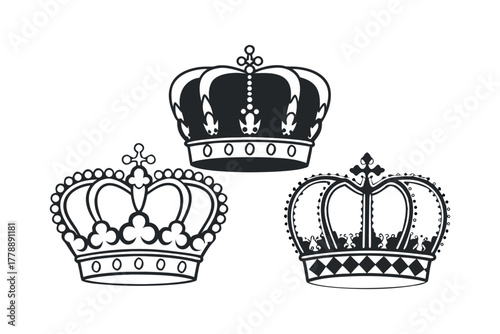 Three stylized crowns in black and white on a plain background