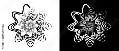 Circle with wave lines as dynamic abstract vector background or logo or icon. Flower concept. Black spiral on white background and white spiral on black background.
