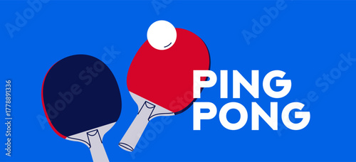 Ping pong, table tennis banner. Indoor sports game tournament, match, championship, horizontal background design with ball and rackets. Bright modern style card with raquets. Flat vector illustration