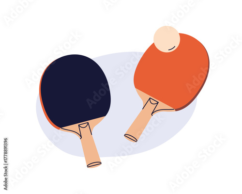 Ping-pong rackets and ball. Small table tennis gear, sport game equipment. Paddle raquet pair for indoor professional match, tournament, training. Flat vector illustration isolated on white background