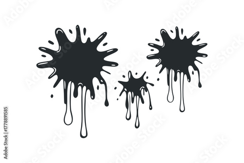 Black ink splatters with dripping fluid shapes