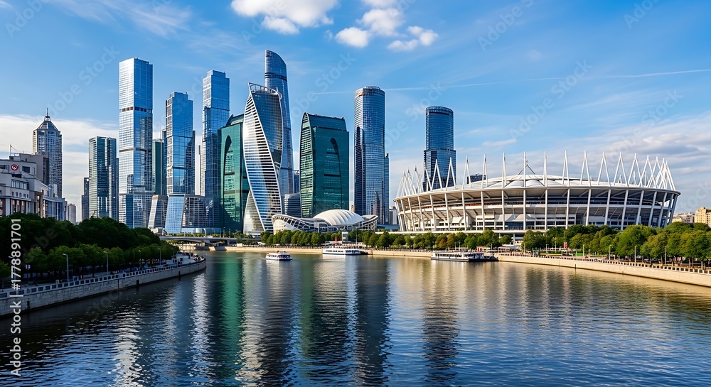 Obraz premium Modern city skyline with skyscrapers reflecting in the river under blue sky
