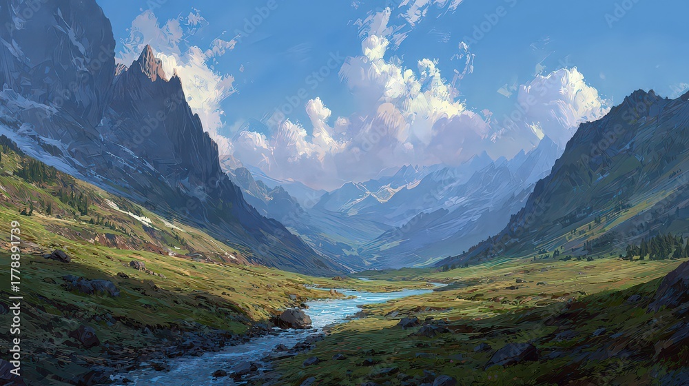 Fototapeta premium Mountain Valley Landscape with River Under a Cloudy Blue Sky Painting