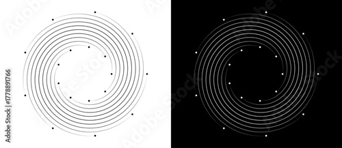 Abstract background with lines and dots in circle. Art lines design as logo or icon. Black lines on a white background and white lines on the black side.