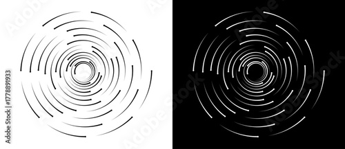 Abstract background with arrows and lines. Creative circle as logo or icon. Black lines on a white background and white lines on the black side.